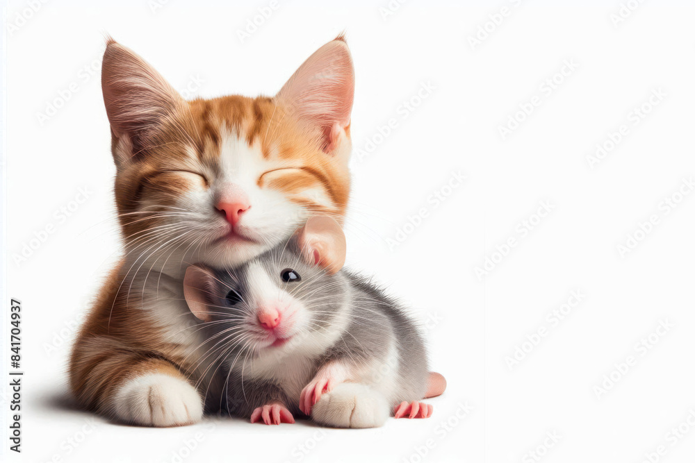 Fototapeta premium Funny mouse and cat hugging, animal friendship Isolated on white background
