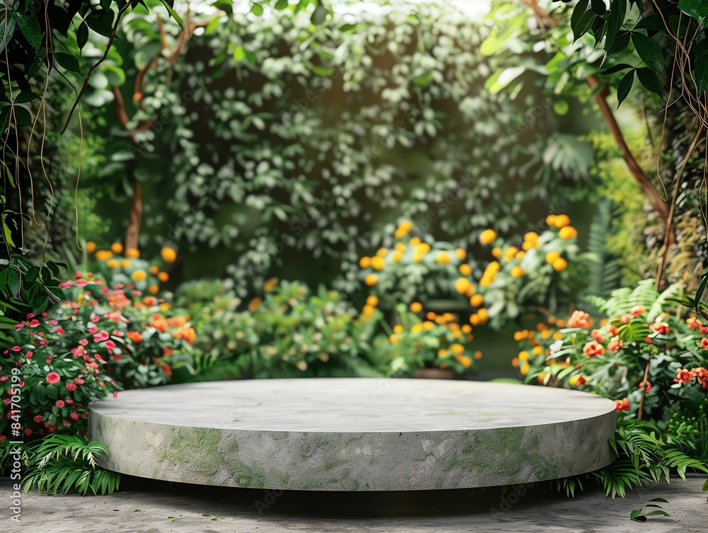 Blank product display podium with garden flowers field meadow on background. Beauty skincare cosmetics presentation. Organic natural concept Blank product display podium with garden flowers field meadow on background. Beauty skincare cosmetics presentation. Organic natural concept