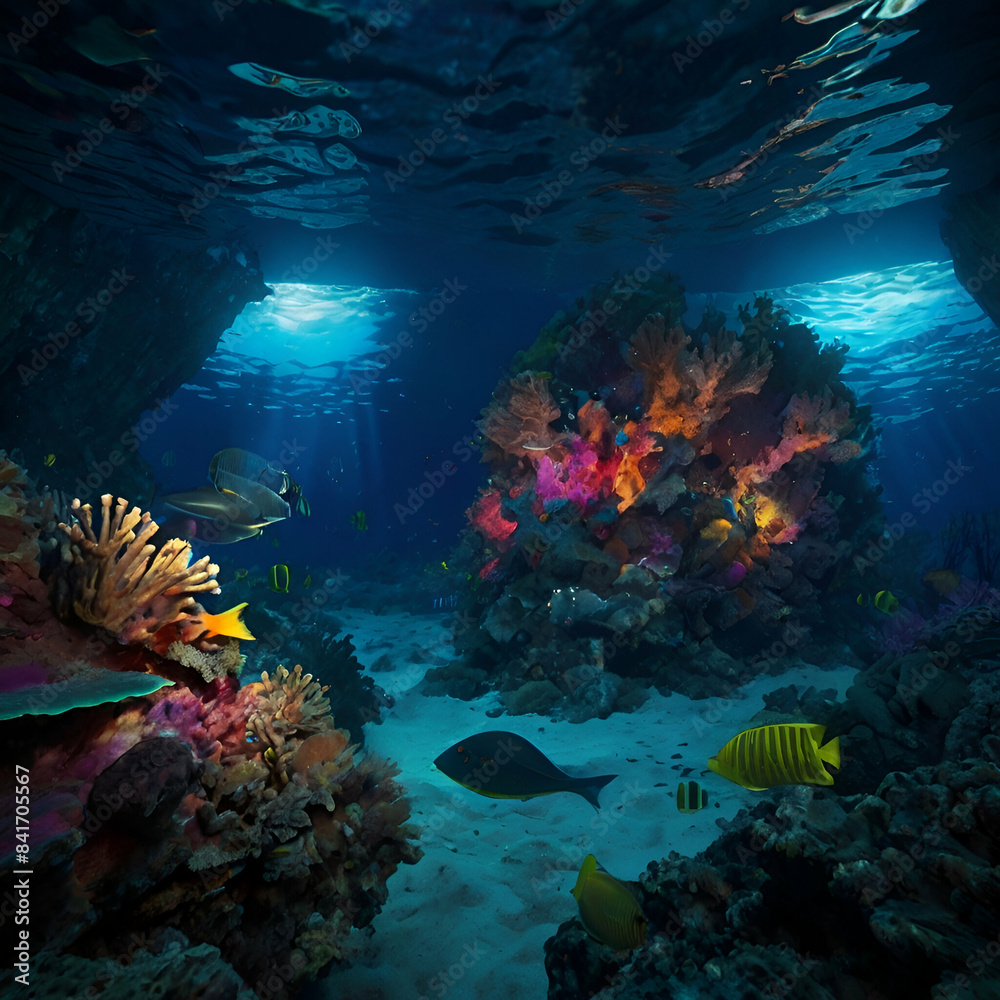 Inside The Mariana Trench darkness sea colorful details, natural lighting, close mid shot, high detail, 8k, photorealistic, , rule of thirds depth of field intricate 