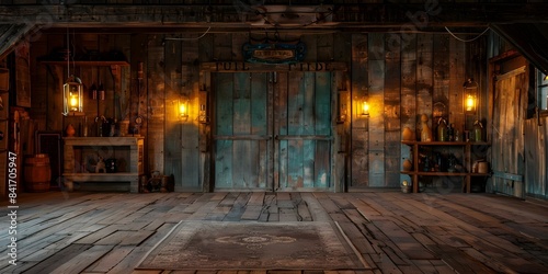 Rustic Wild West Saloon Stage Swinging Doors, Oil Lamps, and Frontier Ambiance. Concept Wild West Saloon, Rustic Decor, Swinging Doors, Oil Lamps, Frontier Ambiance photo