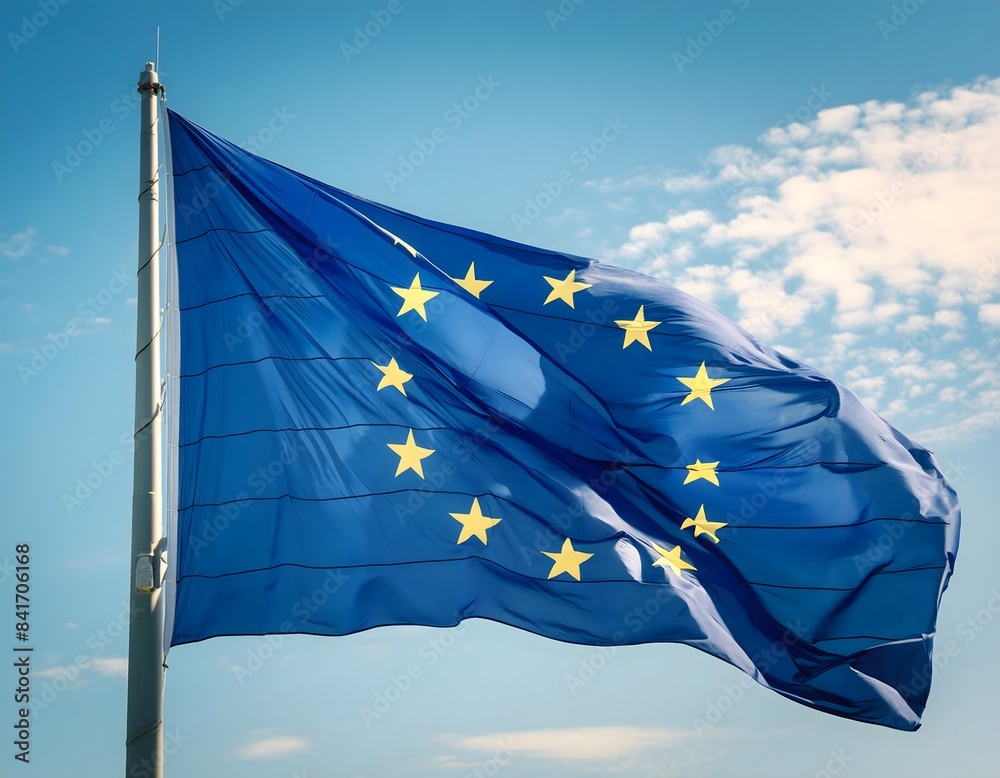 European flag fluttering in the blue sky. European flag fluttering in the blue sky.