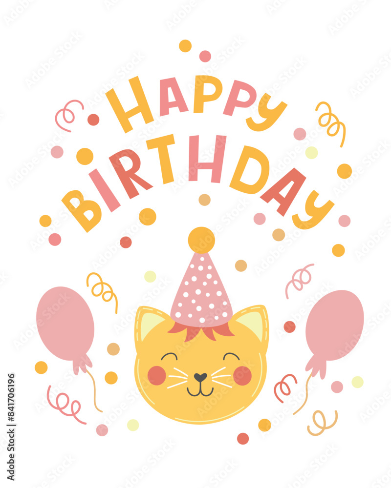 Happy birthday card vector illustration with a cute cartoon cat. Birthday greeting card vector concept. Happy birthday card vector illustration with a cute cartoon cat. Birthday greeting card vector concept.