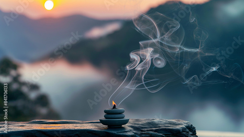 Smoke incense cones on beautiful landscape background on sunset. Meditative scenery .	