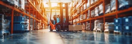 A modern warehouse is designed for efficient storage, inventory management, and goods transportation with a forklift moving pallets amidst storage shelves in an industrial setting