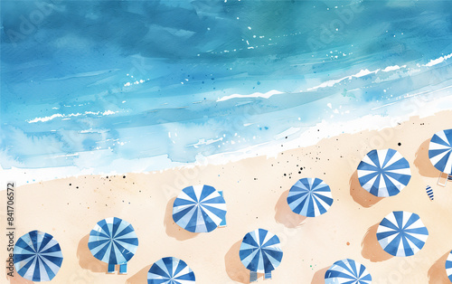 Watercolor drawing of blue beach umbrellas on the beach, tourism beach vacation, summer time, cute watercolor illustration of beach