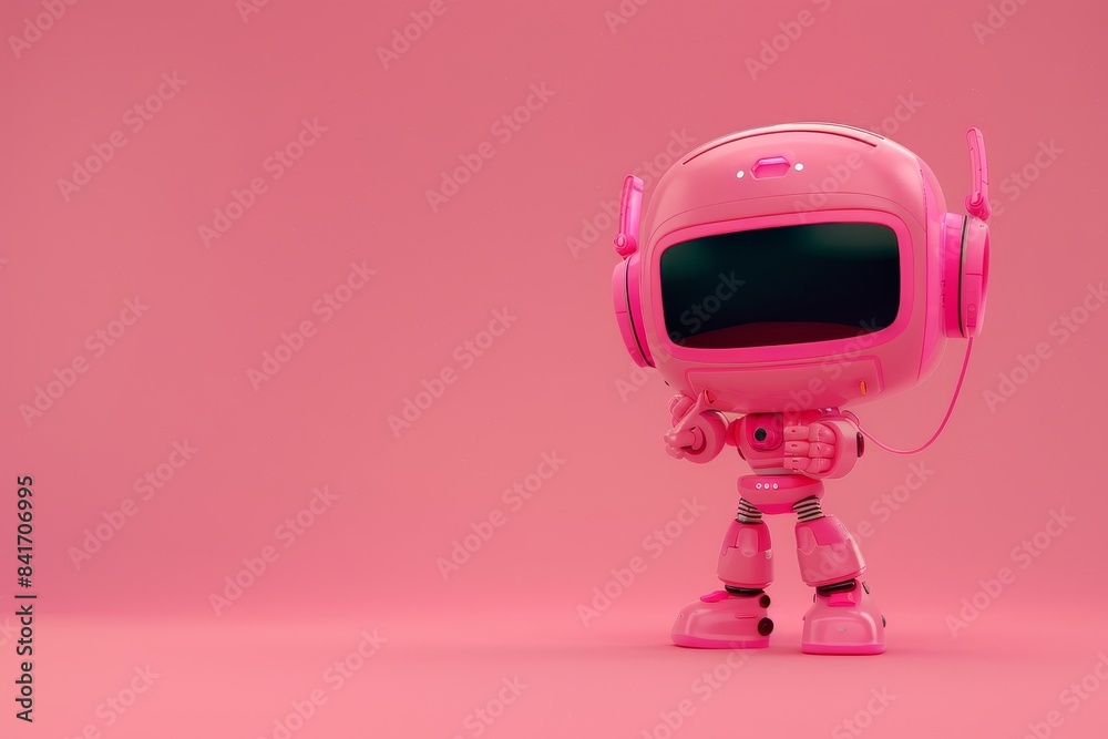 Adorable robot with headphones on pastel background for text, cute music theme poster design Adorable robot with headphones on pastel background for text, cute music theme poster design