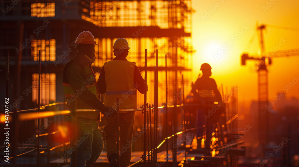 Silhouetted construction workers on site at sunset, highlighting the hard work and dedication of the building industry. Silhouetted construction workers on site at sunset, highlighting the hard work and dedication of the building industry.