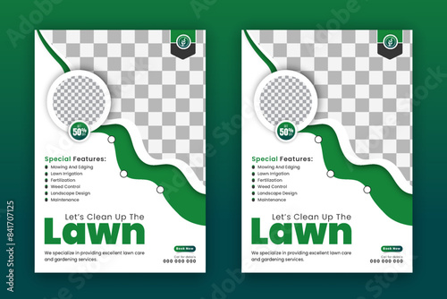 Premium modern lawn mower garden, landscaping service a4 flyer template, lawn care maintenance design vector layout, poster, and leaflet with abstract green gradient color shape and white background