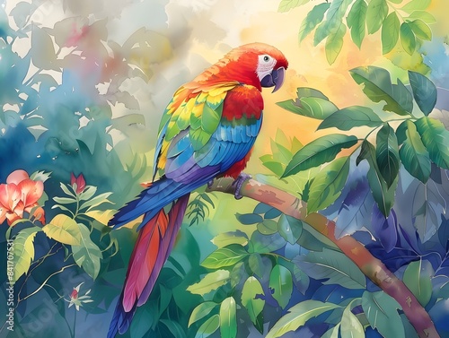 Vibrant Tropical Parrot Perched on Lush Foliage under Dappled Sunlight