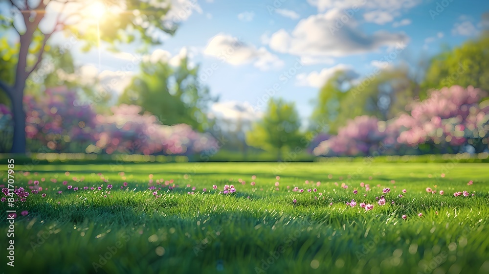 Fototapeta premium Lush Green Garden Landscape with Blooming Trees and Bright Sunny Sky