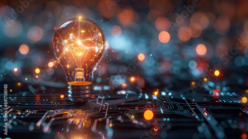 A glowing light bulb on a circuit board symbolizes innovation and technology with a bokeh effect in the background.