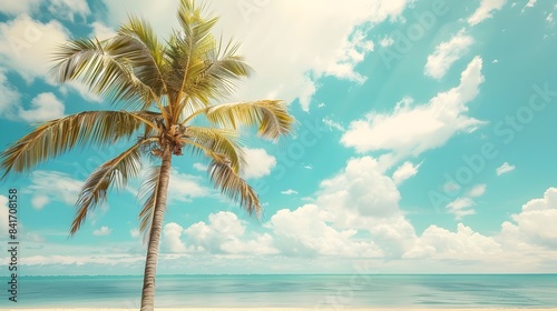 Tranquil Palm Tree on Tropical Beach with Serene Blue Sky and Clouds