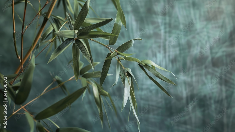 Obraz premium Evoke nature's calm: Bamboo leaves grace a muted green canvas, offering a refined backdrop for your creative vision.