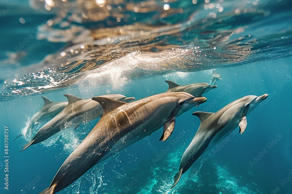 Obraz premium A pod of dolphins playfully swimming in unison, creating mesmerizing patterns in the sparkling azure water, with the ocean floor visible beneath