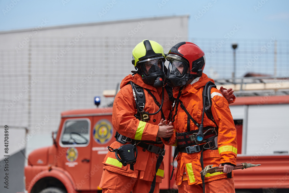 A unified team of firefighters, adorned in their uniforms, engages in a heartfelt celebration marked by triumphant salutes and cheers, embodying the joy and gratitude following the successful A unified team of firefighters, adorned in their uniforms, engages in a heartfelt celebration marked by triumphant salutes and cheers, embodying the joy and gratitude following the successful