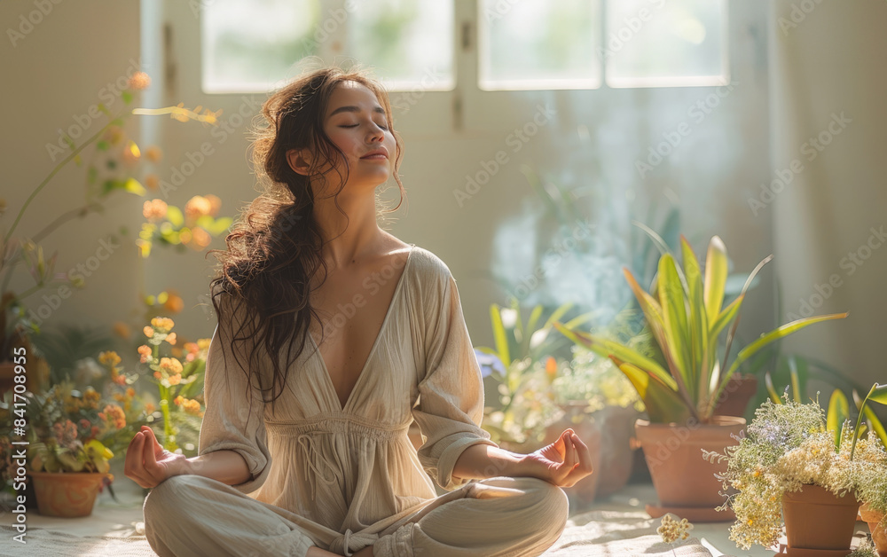 a girl meditating in a room full of plants. a girl meditating in a room full of plants.