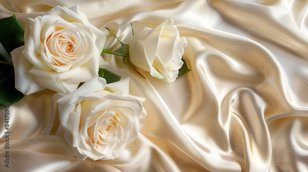Cream white roses on a luxury elegant white silk background Cream white roses on a luxury elegant white silk background