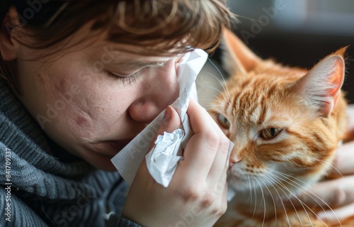 Man Blowing His Nose With A Tissue Next To A Ginger Cat