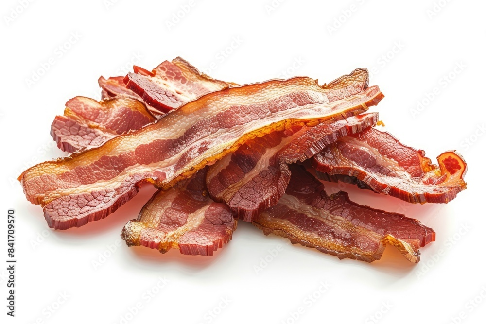 Close-up of a pile of delicious bacon strips isolated on a white background. Close-up of a pile of delicious bacon strips isolated on a white background.