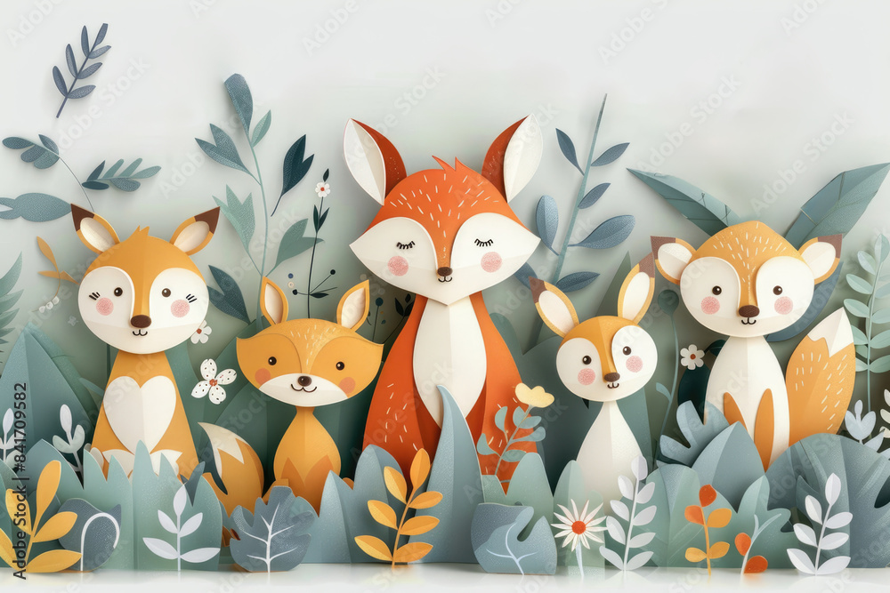 Fototapeta premium A group of cute foxes are playing in the forest. paper cut background
