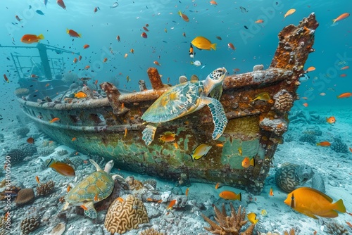 An ancient shipwreck encrusted with vibrant corals and swarming with diverse marine life, including colorful fish and curious sea turtles photo