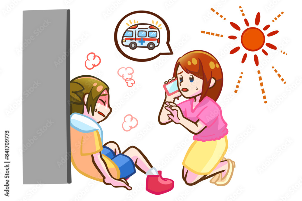 熱中症で倒れる茶髪の女の子と救急車を呼ぶ女性 熱中症で倒れる茶髪の女の子と救急車を呼ぶ女性