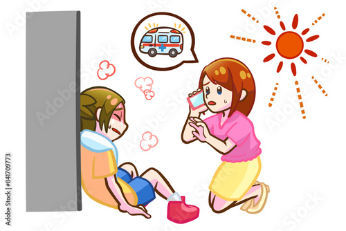 熱中症で倒れる茶髪の女の子と救急車を呼ぶ女性