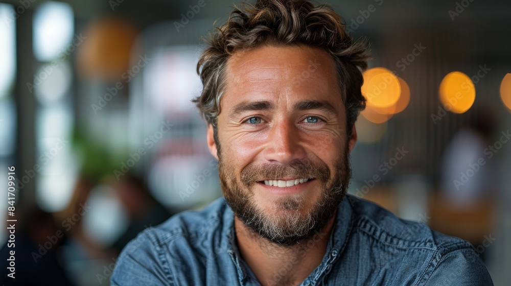 Handsome Man With Curly Hair Smiles In A Cafe Setting Handsome Man With Curly Hair Smiles In A Cafe Setting