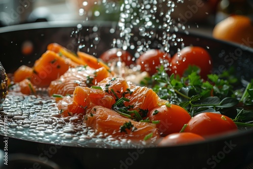 Fresh Salmon and Vegetables Cooking in Pan