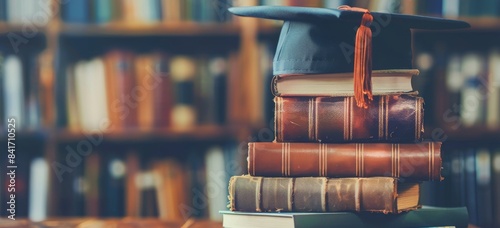 Graduation Cap Resting on Stack of Books in Library