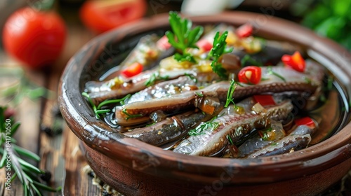 Close up shot of Pickled Anchovies with herbs on a wooden background photo