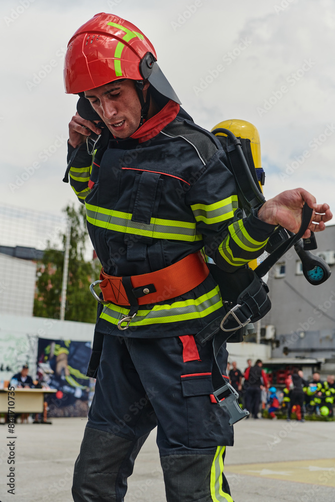 Obraz premium Professional Firefighter Suits Up in Full Gear for Duty