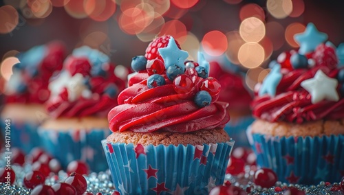 A red, white and blue cranberry cupcakes in American flag colors on the occasion of American Independence Day