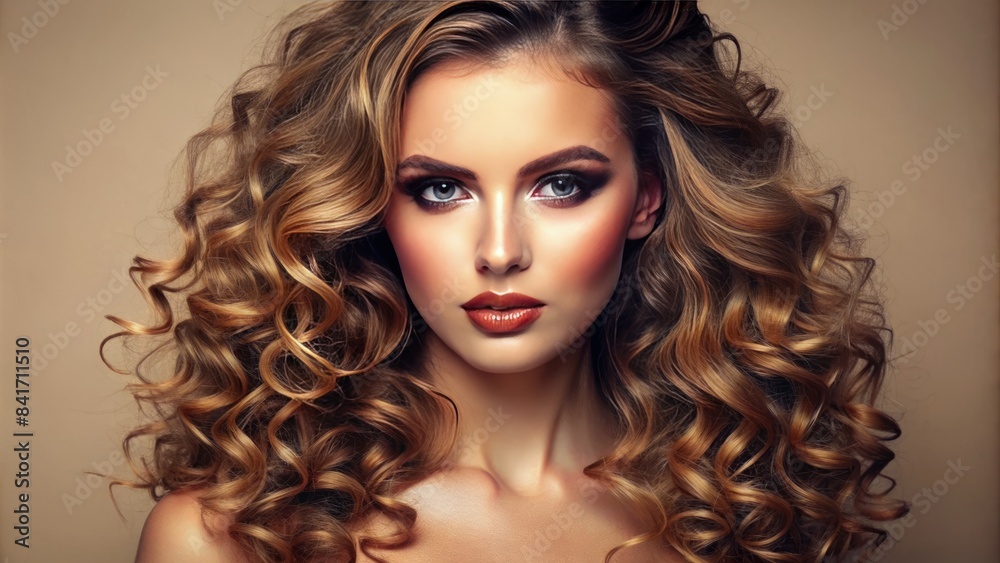 Vibrant, glowing, and flawless skin radiates from a stunning makeup look, accentuated by luscious curly locks, set against a serene beige background, evoking beauty and confidence.