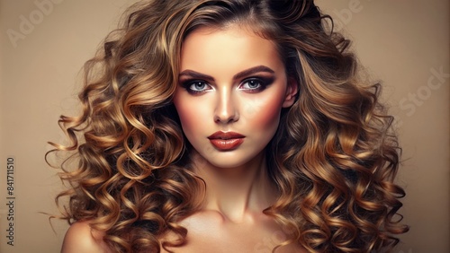 Vibrant  glowing  and flawless skin radiates from a stunning makeup look  accentuated by luscious curly locks  set against a serene beige background  evoking beauty and confidence.