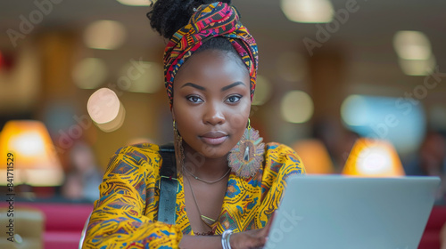 Young Woman Working On Laptop in Cafe With Warm Lighting