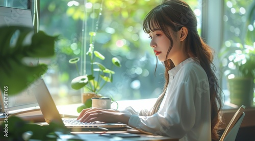 Woman Typing on Laptop in a Sunny Room