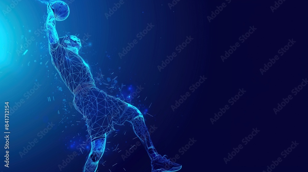 an Olympic basketball player silhouette with illuminated lines and dots on a dark background, futuristic digital business template background
