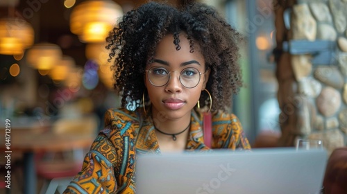 Young Woman Working On Laptop in Cafe With Warm Lighting