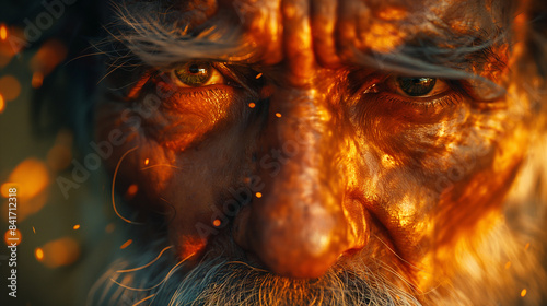 A cinematic close-up portrait of an old man reflecting a vivid explosion