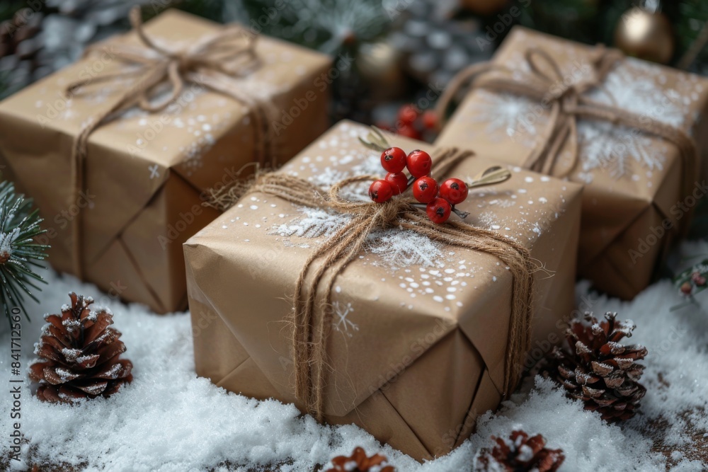 Three wrapped Christmas gifts in the snow Three wrapped Christmas gifts in the snow