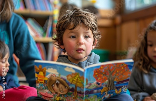 Young Boy Reading Storybook In Library