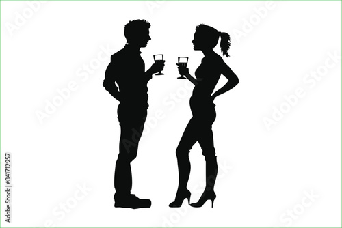 black silhouettes of man and woman drinking standing isolated on a white background. Silhouette of people drinking. Vector of young man and woman drinking. Dating. Drinking. 