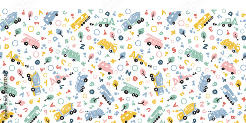 Vector white pastel pen sketch doodle cute cement trucks transport vehicles with alphabets horizontal pattern. Suitable for posters and invitation cards.