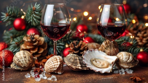 Glasses of champagne on a festively decorated table, surrounded by Christmas decorations. Concept: New Year's holidays, festive dinner, cozy atmosphere, family celebrations, festive drinks