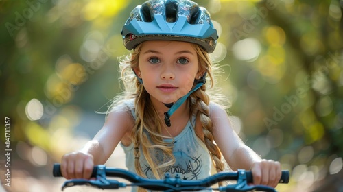 Young Girl Riding Bike in Forest During Summer
