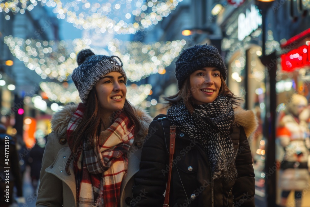 Women Shopping in Festive City Street Women Shopping in Festive City Street