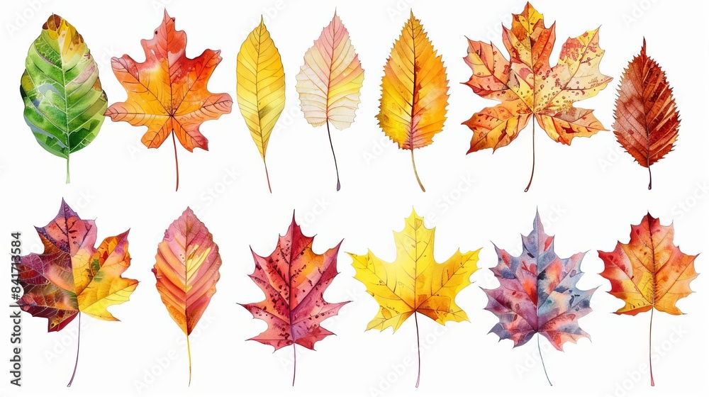 Fototapeta premium assortment of vibrant autumn leaves isolated on a white background showcasing the beauty of seasonal change digital illustration