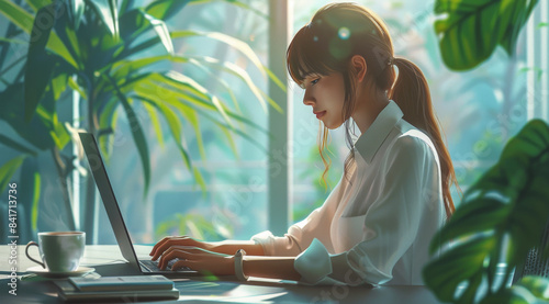 Woman Typing on Laptop in a Sunny Room