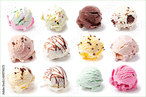 Set of delicious ice cream, isolated on a white background. A set of delectable cutout ice cream explosions. Delicious ice cream explosion, cut out.